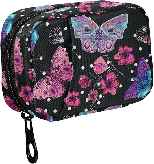 Fustylead Pink Flowers and Butterflies Pill Organizer Travel Bag, Small Portable Pill Case Cute for Vitamin Fish Oil Supplements Medicine Organizer with Zipper