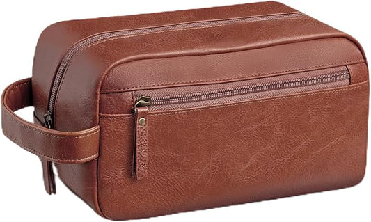 Travel Toiletry Bag for Men and Women, Travel Shaving Dopp Kit Water-resistant Bathroom Toiletries Organizer PU Leather Cosmetic Bags (Brown)