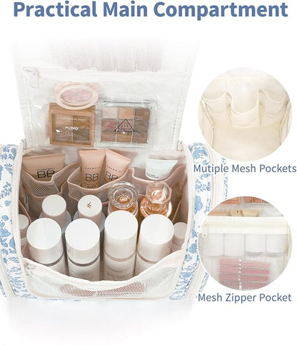 Narwey Hanging Toiletry Bag for Women Travel Makeup Bag Organizer Toiletries Bag for Cosmetics Essentials Accessories (Large, Little Blue Flower)
