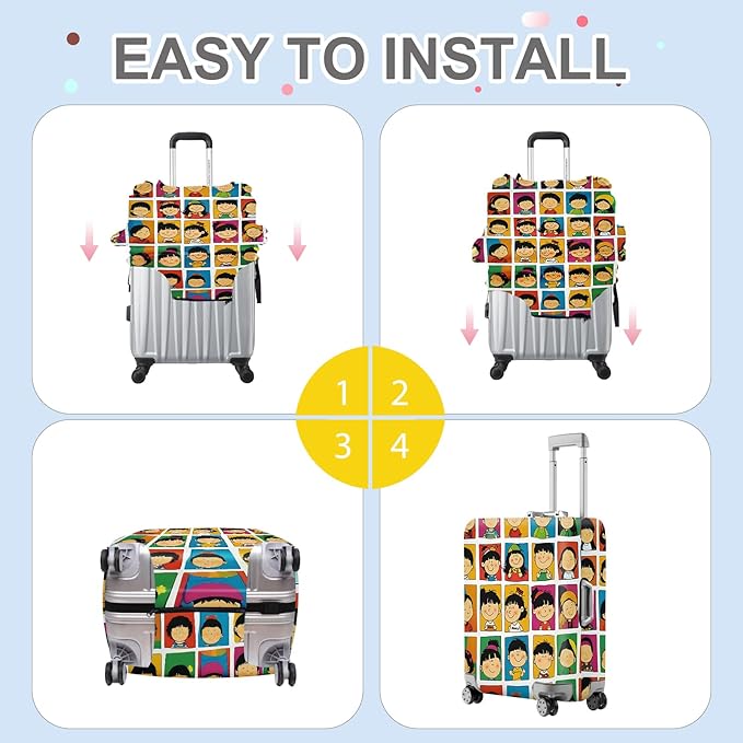 ANNA QUEEN Mina and Friends Luggage Cover, Colorful Cartoon Characters Design, Stretchable, Washable Travel Protector for 20-34 Inch Suitcases