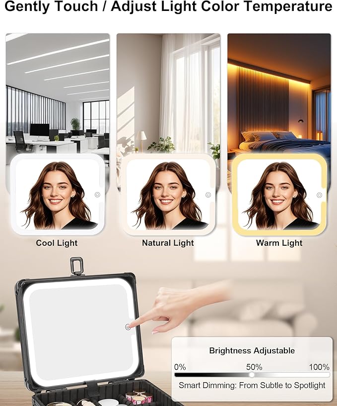 Makeup Case with Lighted Mirror, Travel Makeup Box with LED Mirror Makeup Organizer Bag Portable Cosmetic Train Case Makeup Artist Storage Bags with Adjustable Dividers Gifts for Women and Girls