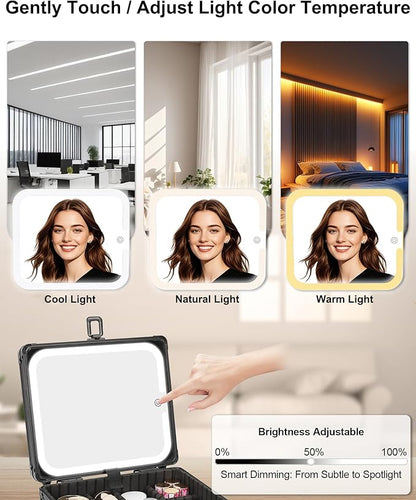 Makeup Case with Lighted Mirror, Travel Makeup Box with LED Mirror Makeup Organizer Bag Portable Cosmetic Train Case Makeup Artist Storage Bags with Adjustable Dividers Gifts for Women and Girls