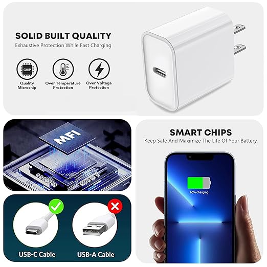 iPhone 14 13 Charger, 2Pack 20W Fast Charging Type C Block (MFI Certified) Rapid Speed USB C Wall Charger Lightning Cable Cord Apple Chargers for iPhone 14 Pro Max 14 Plus 13 12 11 Pro SE XS XR X iPad