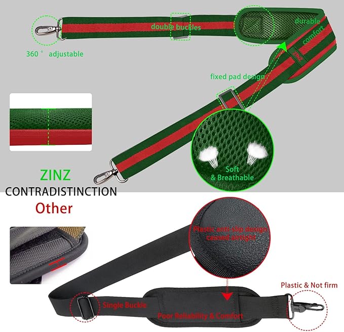 ZINZ 79 inch Shoulder Strap, Extra-thick Fixed Cushion Pad and Dual Clasps Universal Replacement Strap with Metal Swivel Hooks for Laptop Bags, Luggage Bags, Camera, Crossbody(Stripes-GrWGr)
