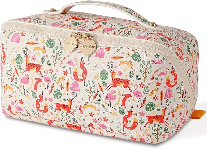 Aveniee Travel Makeup Bag for Women, Large Cosmetic Organizer with Open-Flat Design, Clear Divider & Handle - Waterproof PU Leather Toiletry Pouch