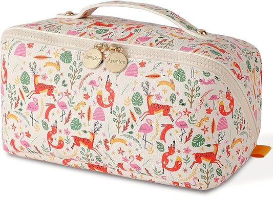 Aveniee Travel Makeup Bag for Women, Large Cosmetic Organizer with Open-Flat Design, Clear Divider & Handle - Waterproof PU Leather Toiletry Pouch