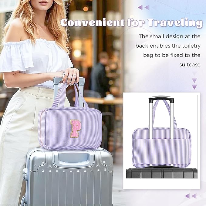 Preppy Toiletry Bag Travel Makeup Bag - Initial Cosmetic Bag Cute Organizer Travel Essentials Small Makeup Bag with Zipper - Personalized Gifts for Her - Lavender P