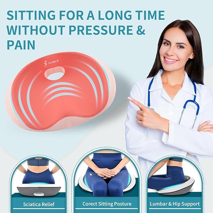 FLORICH Seat Cushion and Lumbar Support Pillow for Office Chair Car Neck Headrest Pillow 100% Memory Foam Seat Pads Pressure Relief Back Cushion and Carseat Pads(Pink)