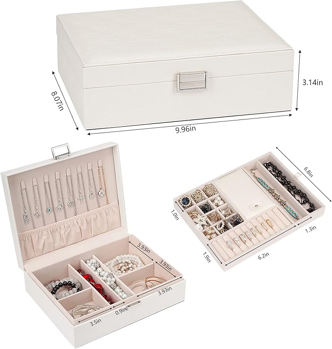 Jewelry Organizer Box for Girls Women - Double Layer Large Travel Jewelry Case with Gift Box/White