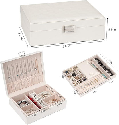 Jewelry Organizer Box for Girls Women - Double Layer Large Travel Jewelry Case with Gift Box/White