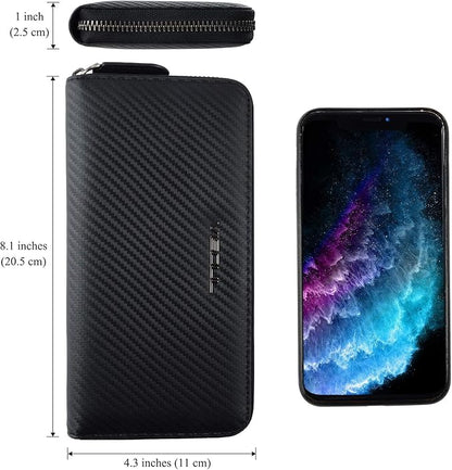 VISOUL Leather Long Zippered Pouch Wallet for Men with RFID Blocking Two-tone, Large Carbon Fiber Leather Clutch Cash Long Wallet with Zipper (Black+Orange)