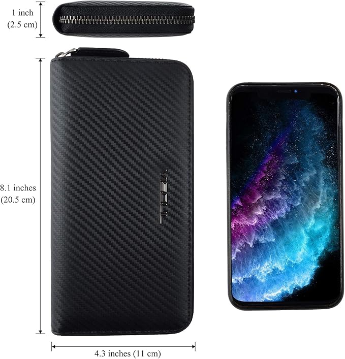 VISOUL Leather Long Zippered Pouch Wallet for Men with RFID Blocking, Large Carbon Fiber Leather Clutch Cash Long Wallet with Zipper (Black+Black)