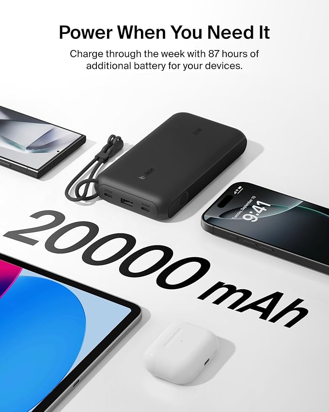 Belkin Portable Charger, USB-C Power Bank 20,000mAh w/ 2X USB-C Ports & 1x A Port, Digital Battery Display, 20W Charging for iPhone 17, Air, Pro, Samsung Galaxy S25, Pixel 10, iPad, & More - Black