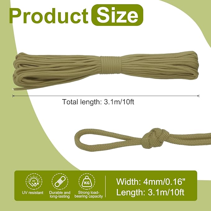 uxcell 4mm Nylon Rope, 10ft Portable Clothesline for Luggage and Backpack Tie Downs, Hanging Clothes, Swings, Camping and Mountaineering Tie Downs, Khaki