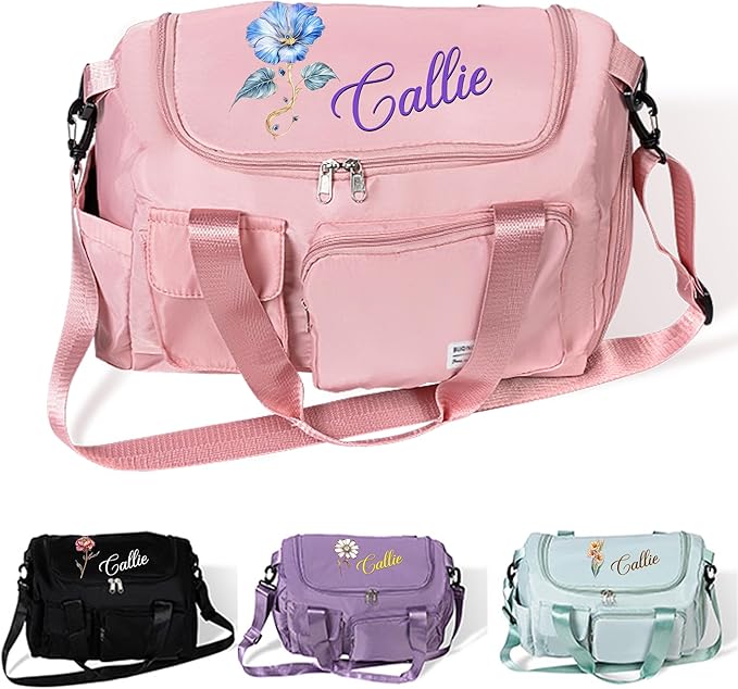 CALLIE Personalized Travel Duffel Bag 14" | Custom Name Birth Flower Multi-compartment Waterproof Nylon Weekender Bags for Women | 4 Color Options | Birthday Christmas Gift for Her