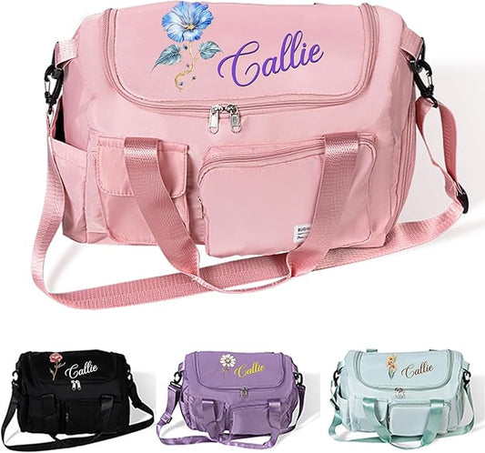 CALLIE Personalized Travel Duffel Bag 14" | Custom Name Birth Flower Multi-compartment Waterproof Nylon Weekender Bags for Women | 4 Color Options | Birthday Christmas Gift for Her