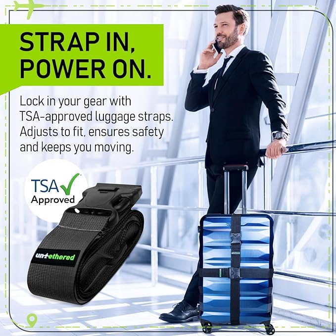 Untethered Luggage Straps | TSA-Approved Suitcase Belts with Heavy-Duty Buckles. Secure Adjustable Travel Accessories for Checked Bags. 4-Pack
