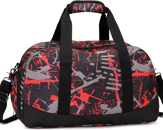 Octsky Sports Duffel Bag Gym Bag with Shoe Compartment Small Travel Overnight Bag Weekender Bag(Red-Graffiti)