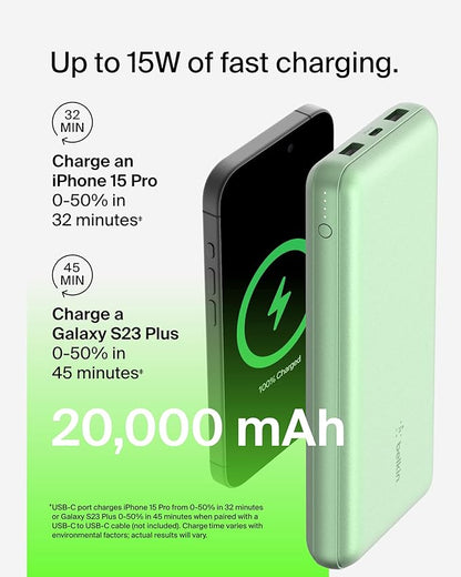 Belkin Portable Charger, USB-C Power Bank 20000 mAh w/ 2X USB-A Ports, 15W w/Type-A to Type-C Cable for iPhone 17, Air, Pro, Samsung Galaxy S25, iPad, Nintendo Switch 2, Google Pixel 10, etc. - Green