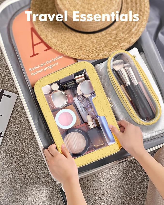 Travel Clear Makeup Bag with Makeup Brush Bag, Leather Makeup Case Toiletry Bag, Portable Cosmetic Bag Case, Transparent Waterproof Cosmetic Organizer Storage Bag for Women, Yellow