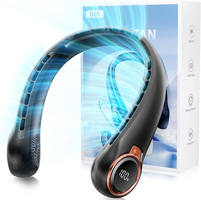 Portable Neck Fan with 6000mAh USB - Rechargeable Battery, Ultra-Light Bladeless Neck Fan LED Display, 360° Cooling Wearable Fan, 3 Speeds (Black)