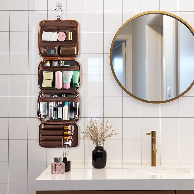 Elviros Hanging Toiletry Bag for Men Travel Essentials 3-in-1 Large Waterproof Dopp Kit PU Leather Shaving Bag with Separate Compartments for Grooming and Toiletries Mens Gift