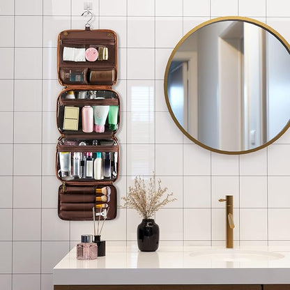 Elviros Hanging Toiletry Bag for Men Travel Essentials 3-in-1 Large Waterproof Dopp Kit PU Leather Shaving Bag with Separate Compartments for Grooming and Toiletries Mens Gift