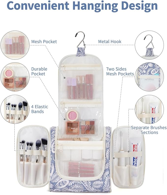 Narwey Hanging Toiletry Bag for Women Travel Makeup Bag Organizer Toiletries Bag Men for Cosmetics Essentials Accessories(Large, Blue Leaf)