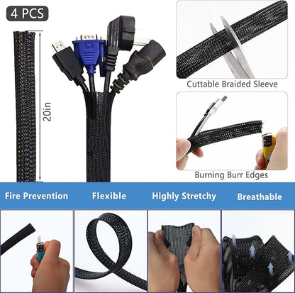 ELII 300PCS Cable Management Kit,4 Cable Sleeve 35 Cable Clips with 11Cord Holders,20 Roll Cable Organizer Straps and 200 Fastening Cable Ties,20 Cable Zip Tie Mounts for Computer TV Under Desk