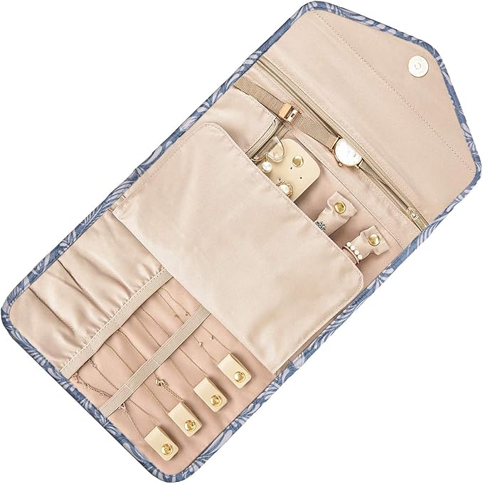 BAGSMART Travel Jewellery Organiser Roll Foldable Jewelry Case for Journey-Rings, Necklaces, Bracelets, Earrings, White Leaf