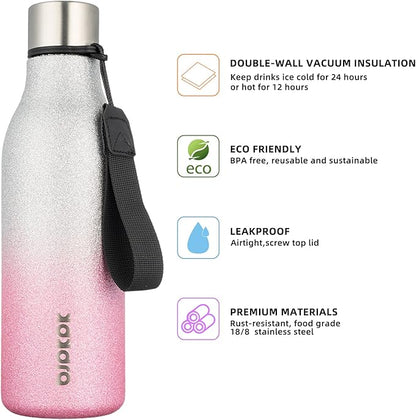 BJPKPK Insulated Water Bottles, 18 oz Stainless Steel Metal Water Bottle with Strap, BPA Free Leak Proof Jugs,Mugs,Flasks, Reusable Thermal Flasks for Sports & Travel,Sparkling Silver Pink