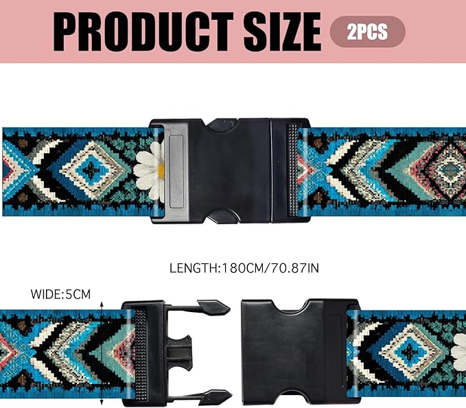 Nuxovilar Luggage Straps of 2 Set Ethnic Style & Daisies Pattern, 1.96x90.5 inches - Luggage Straps for Suitcases, Great for Cultural Trips, Outdoor Events, Daily Travel
