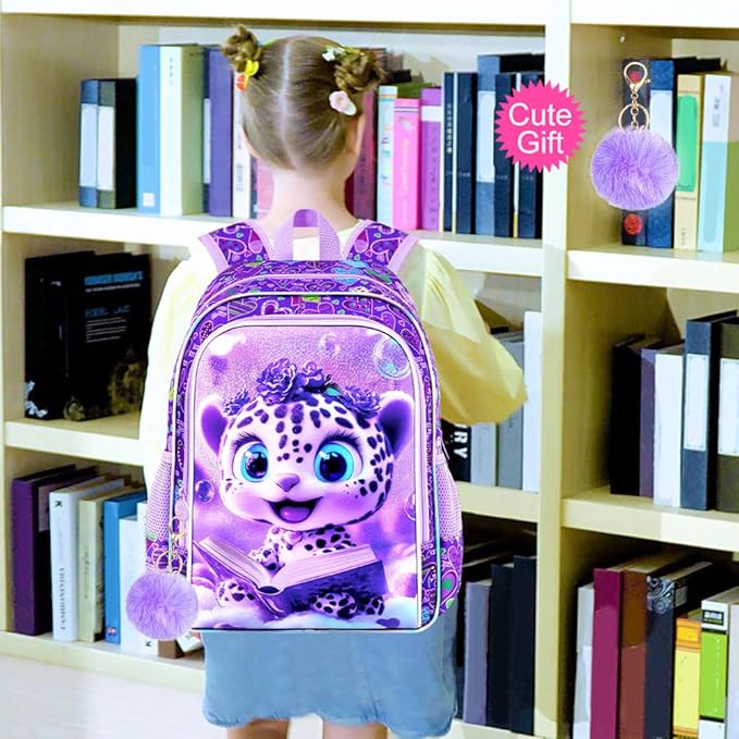 WZLVO 3PCS Kids Leopard Bookbag for Girls, 16" Glittery UV Printing Girls Backpack/School Bag with Lunch Box & Pencil Bag for Preschool to Elementary - Reading Leopard Purple