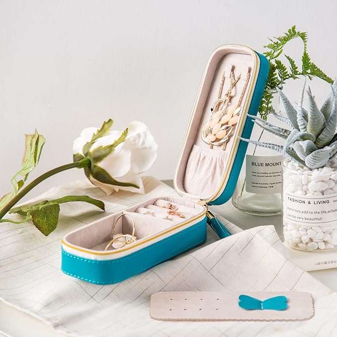 BONNY DODO Small Travel Jewelry Organizers Box for women with PU Leather Portable Mini Jewelry Case with compartments for Necklace Rings Earrings,Luxury Giftable boxes. (Blue green, S)