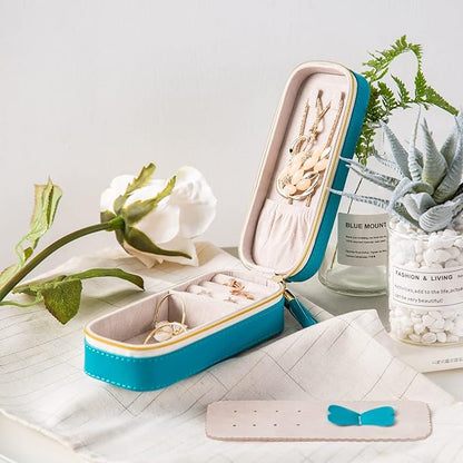 BONNY DODO Small Travel Jewelry Organizers Box for women with PU Leather Portable Mini Jewelry Case with compartments for Necklace Rings Earrings,Luxury Giftable boxes. (Blue green, S)