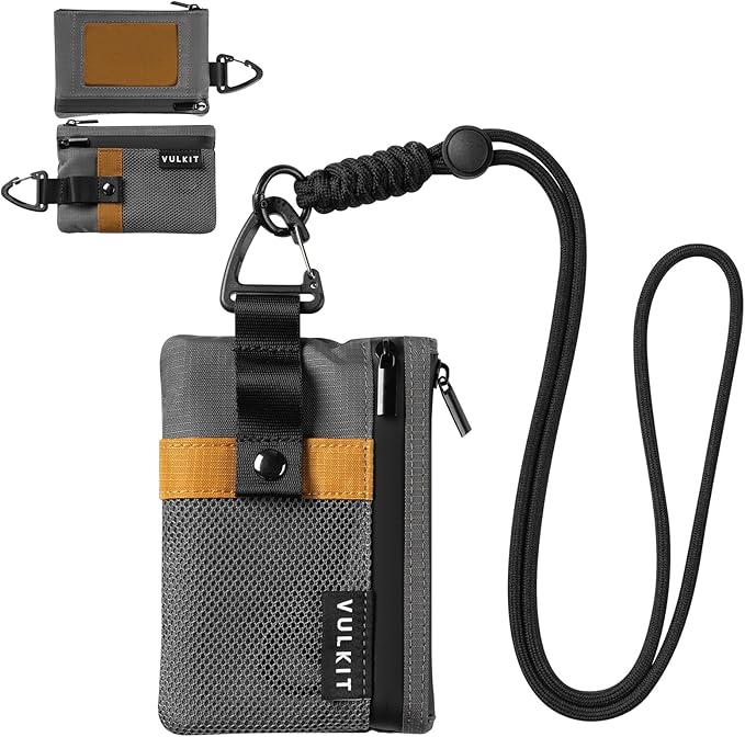 VULKIT Small RFID Wallet for Women & Men – Minimalist Zipper Wallet with ID Window, Keychain & Carabiner, Holds 15 Cards, Water Resistant Travel Lanyard Wallet Grey