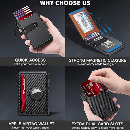 Airtag Wallet for Men, Mens Smart Wallet for Air Tag RFID Blocking, Minimalist Bifold Pop Up Aluminum Credit Card Case Holder 12+ Cards with ID Window, Gift for Men, No Airtag Included, Carbon Orange