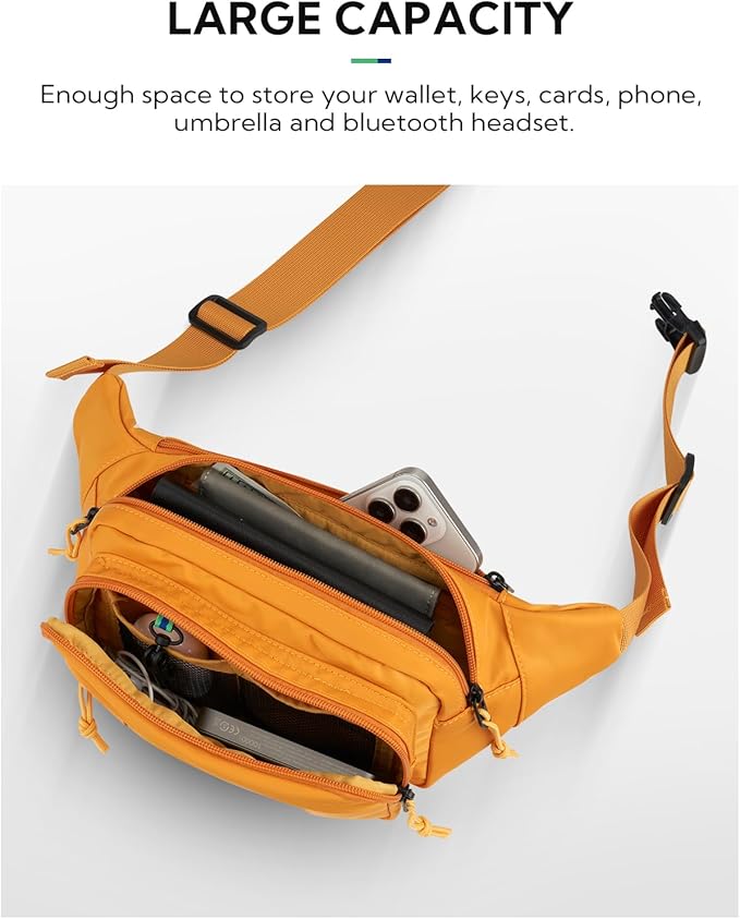 WATERFLY Fanny Pack Waist Packs: Large Crossbody Fanny Packs for Women Men with 5 Zipper Pockets Adjustable Strap Waist Bags Hip Pack for Traveling Cycling Running Hiking-Tan