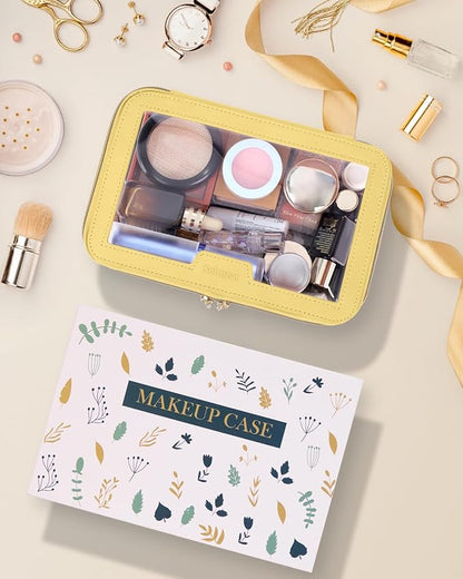 Travel Clear Makeup Bag with Makeup Brush Bag, Leather Makeup Case Toiletry Bag, Portable Cosmetic Bag Case, Transparent Waterproof Cosmetic Organizer Storage Bag for Women, Yellow