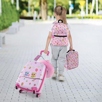 BABY JOY Kids Luggage, 5 Pieces Luggage Set w/ 16" Carry-on Hardshell Spinner Toddler Suitcase, 13" Backpack, Neck Pillow & Insulated Lunch Bag, Travel Kids Rolling Suitcase for Girls Boys (Pink Owl)