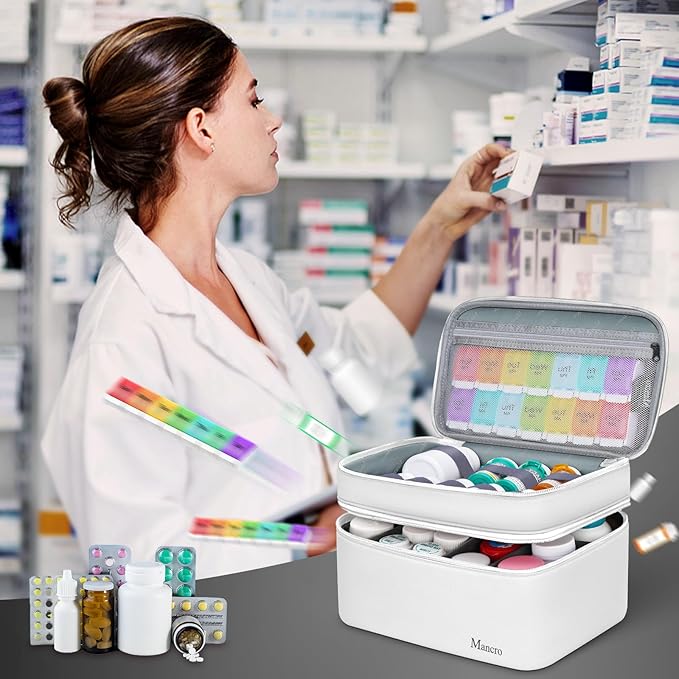 Mancro Dual Layers Medicine Organizer Bag, Pill Bottle Organizer Storage with Lockable Zipper, Medication Travel Bag for Pills, Vitamins, Medical Supplies for Home Storage, Travel, White
