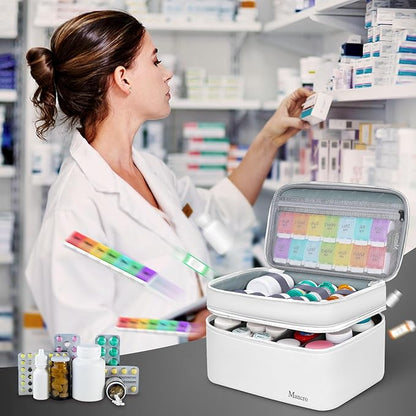 Mancro Dual Layers Medicine Organizer Bag, Pill Bottle Organizer Storage with Lockable Zipper, Medication Travel Bag for Pills, Vitamins, Medical Supplies for Home Storage, Travel, White