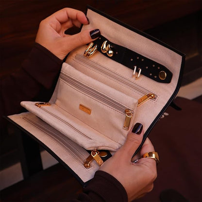 Time Resistance Leather Jewelry Roll - Full Grain Leather Travel Jewelry Case - Jewellery Organizer Made in Italy (Black)