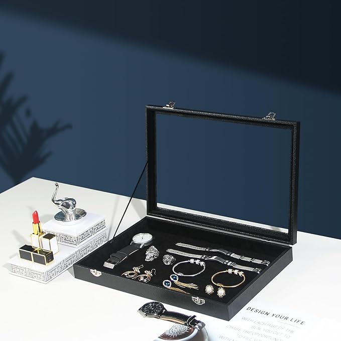 Coward Jewelry Organizer Box, Black Velvet Blank Display Tray Case with Lid for Storage Necklaces Bracelets Rings Beads and Jewelry Accessories