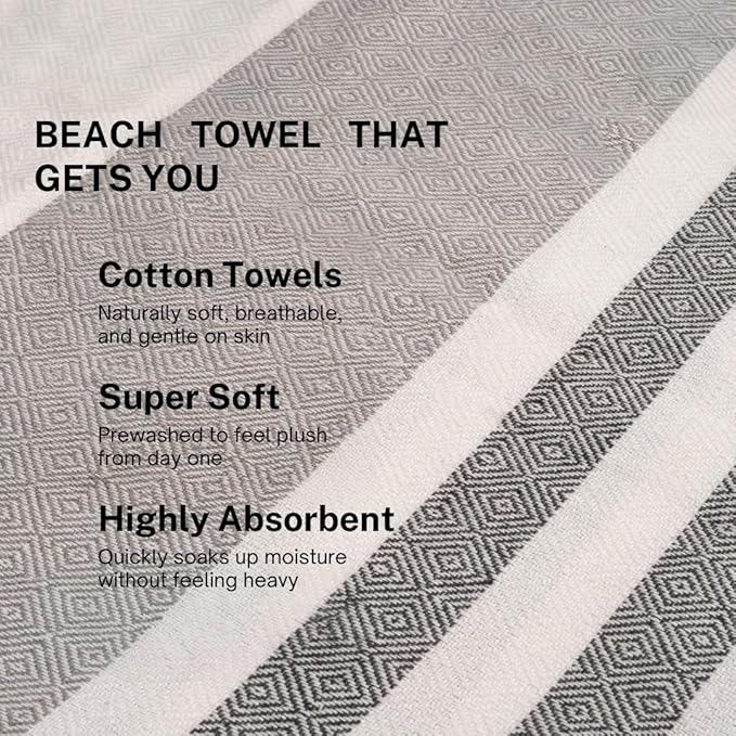 Cotton Turkish Beach Towel with Towels Oversized 36"x72" Pool Absorbent Extra Large Quick Dry Sand Travel Towel (Mélange Drift, 2 Pack)