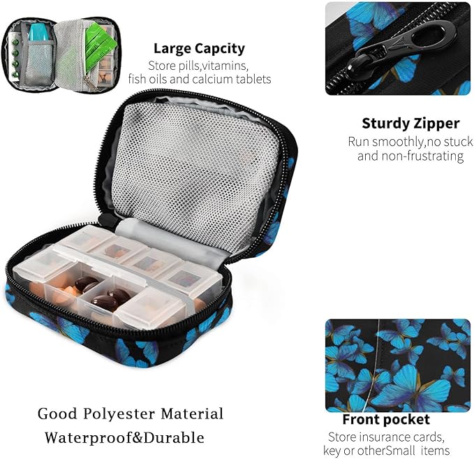 Fustylead Bright Blue Butterflies Travel Pill Organizer Case Zipper for Purse with Removable Weekly Pill Box for Medicine, Vitamin, Supplement Medicine Organizer