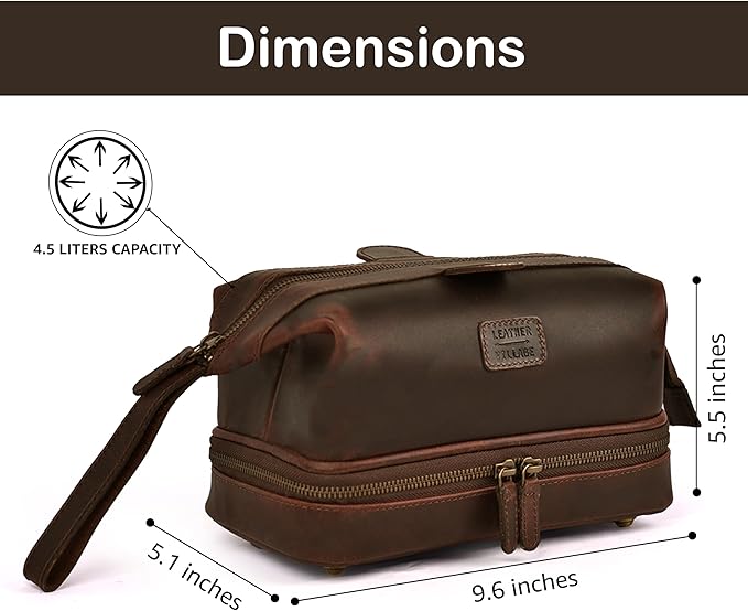 LEATHER VILLAGE Genuine Leather Dopp Kit – Large Travel Toiletry Bag with Waterproof Lining, Dual-Zip Design for Men & Women, Organizer for Shaving, Makeup & Essentials - Cherry
