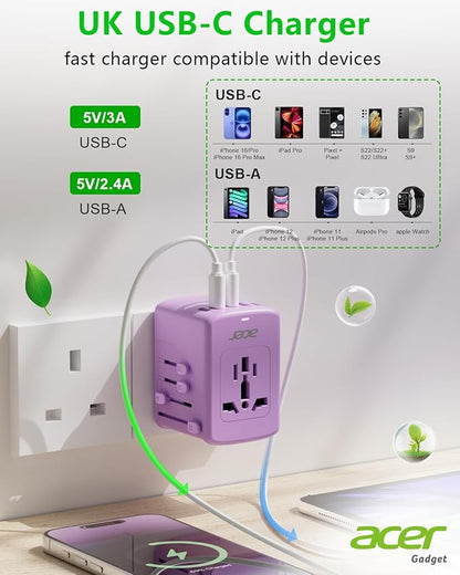 Acer Universal Travel Plug Adapter - International Power Adapter with 5 USB Ports (3 USB C) 5.8A, Worldwide Outlet Charger for USA to European UK France Germany Spain, Type C/E/F/G/I/L/A, Purple