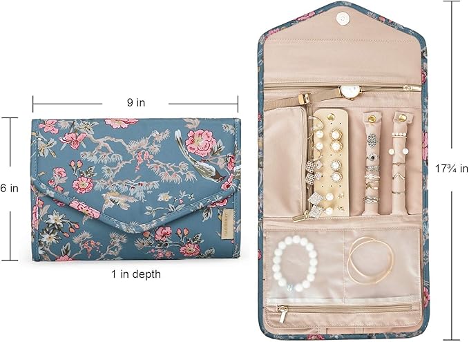 BAGSMART Travel Jewellery Organiser Roll Foldable Jewelry Case for Journey-Rings, Necklaces, Bracelets, Earrings, Flower Bird
