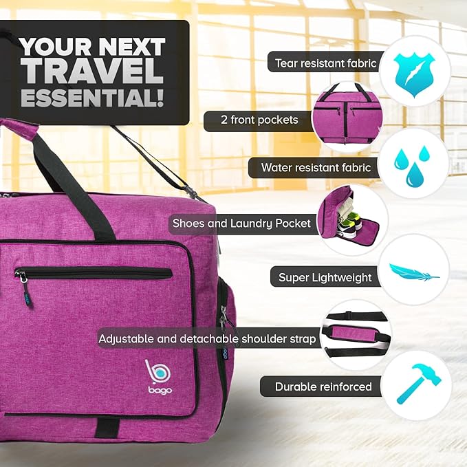 Bago Foldable Duffel Bags for Traveling Women & Men - 60L Medium Packable Duffle Bag for Travel with Shoe Compartment - Water Repellant, Heavy Duty, Lightweight Folding & Collapsible (SnowPink)
